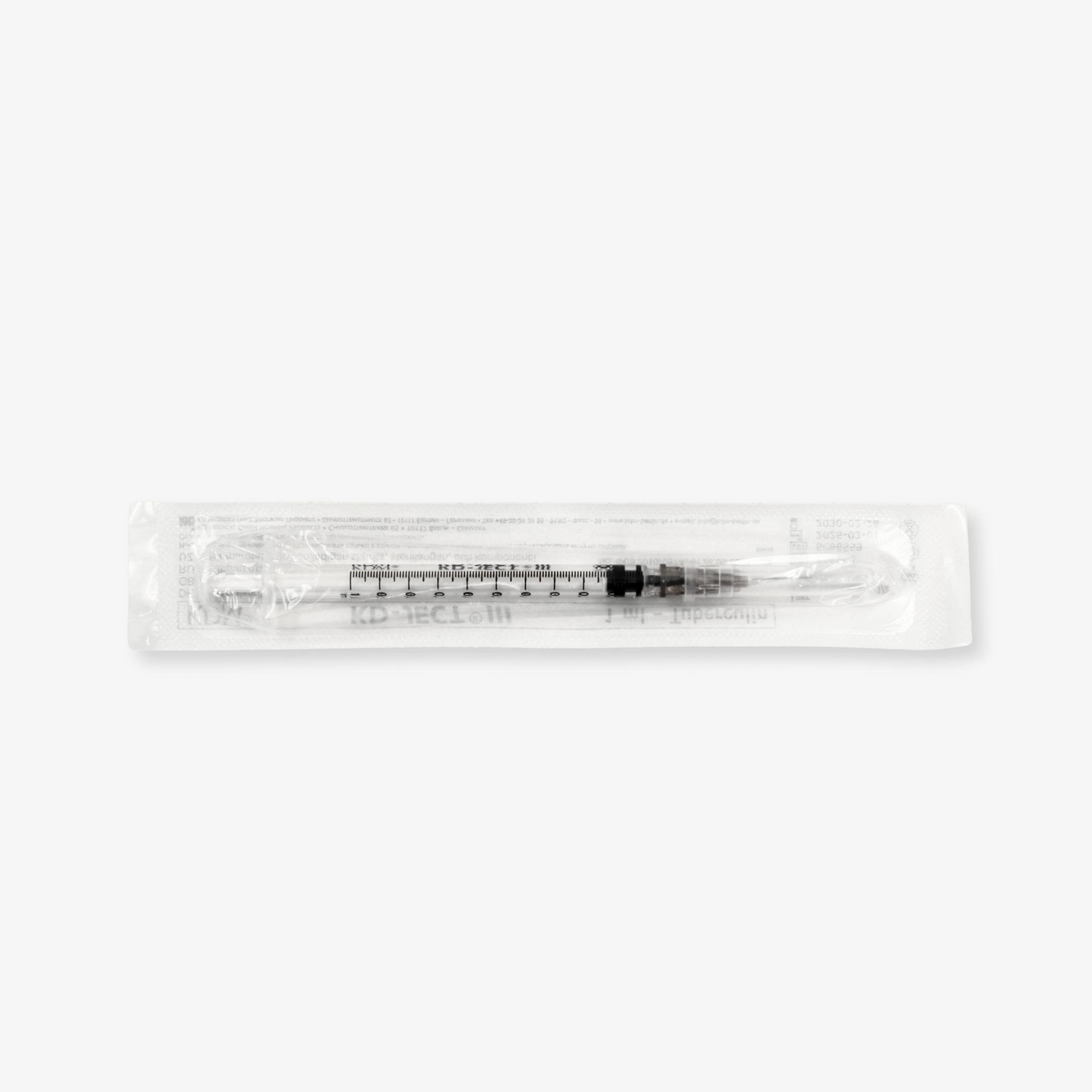 KD-JECT® III bir martalik, uch komponentli, tuberkulin shprits, 1 ml, igna bilan 0,40 × 12 mm (27G × 1/2), Luer Lock